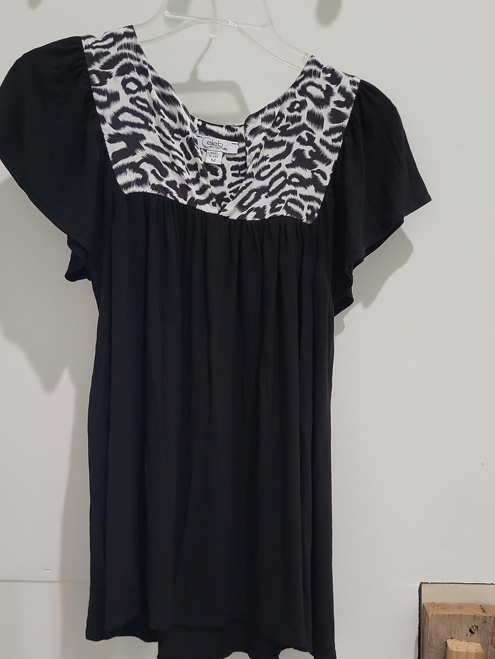 Celeb Couture Black Blouse with Black-and-White Leopard Yoke